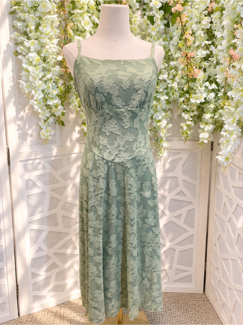 Sage Green Lace Midi Dress with Spaghetti Straps